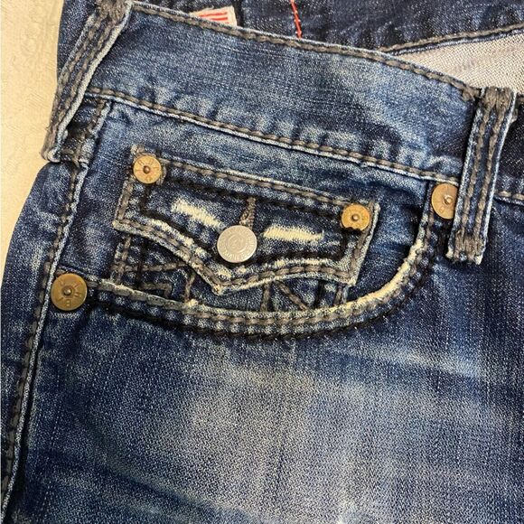 Y2K True Religion size 36 Dark Wash 100% Cotton Straight Leg Pocket Flap Jeans - Picture 12 of 15